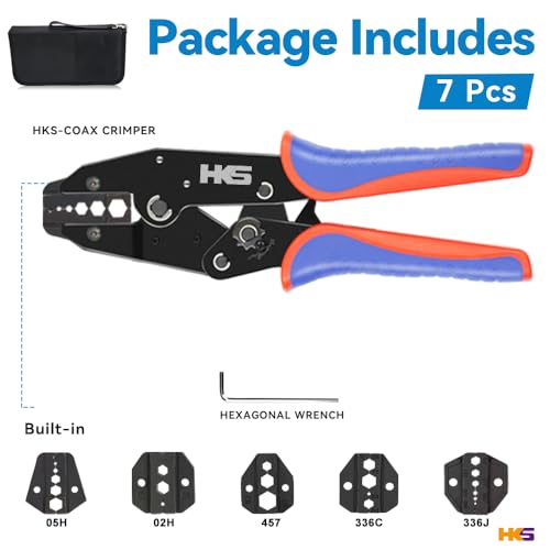 HKS Coax Ratchet Crimping Tool Set for Coaxial RG Cable RF Connector with 5 Changeable Dies Crimper with 5 Dies