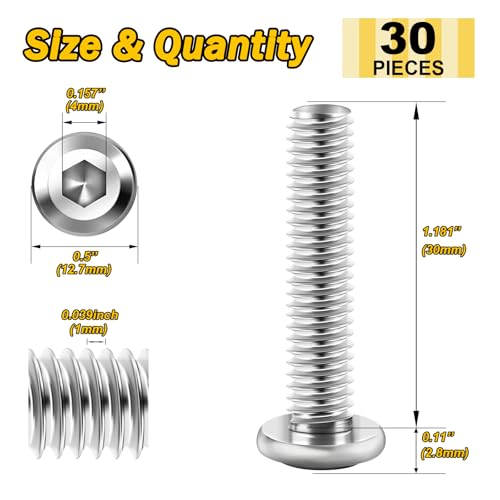 Mywish 30Pcs M6 x 30mm Flat Head M6x1.0 Bolt Hex Socket Cap Screws Bolts & 159-Piece M6 Screw Assortment Kit - 304 Stainless Steel Button Head Socket Cap Metric Screws, Bolts, Bright Finish & Hex Span