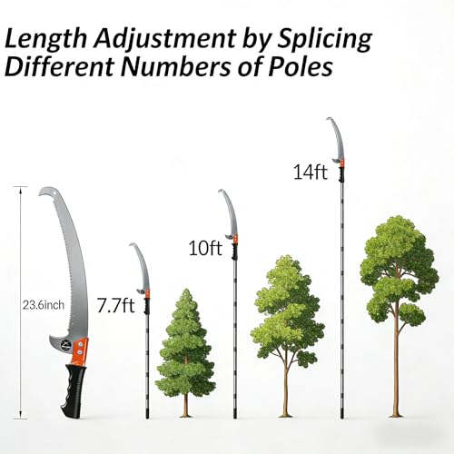 11-foot lightweight manual pruning saw with integrated telescopic pole, stainless steel blade, no assembly required. Long-reach pruning saw suitable for yards, gardens, patios, and forestry work. 11.3FT
