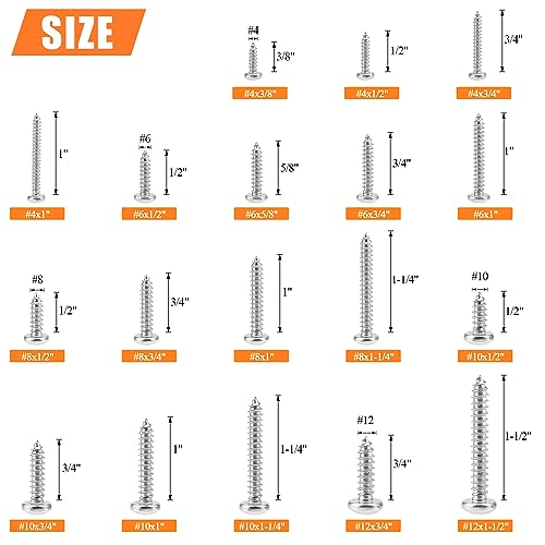 540 Pieces #4#6#8#10#12 Wood Screws Set, HELIFOUNER 18 Sizes Phillips Pan Head Self-Tapping Screws Assortment Kit, Phillips Pan Head Wood Screws, 304 Stainless Steel