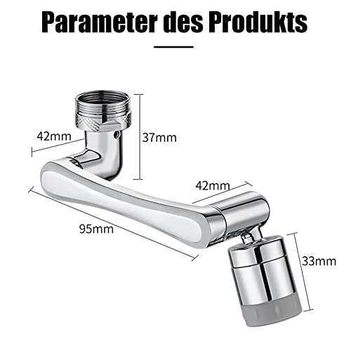 1080 Degree Rotating Multifunctional Extension Tap, Yrakozin Tap Attachment with 2-Way Adjustable Aerator for Kitchen Bathroom, 1440° Tap Extension with Aerators - Silver Messing + Silikon