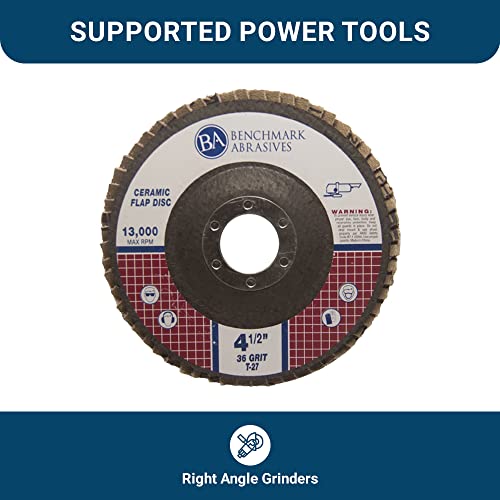 Benchmark Abrasives 4.5" x 7/8" Ceramic Type 27 Flap Discs 4 1/2 for Angle Grinder, Sanding Discs, Finishing, Stock Removal on Stainless Steel & More - Grinding Wheels 4 1/2 Inch - (10 Pack) 36 Grit