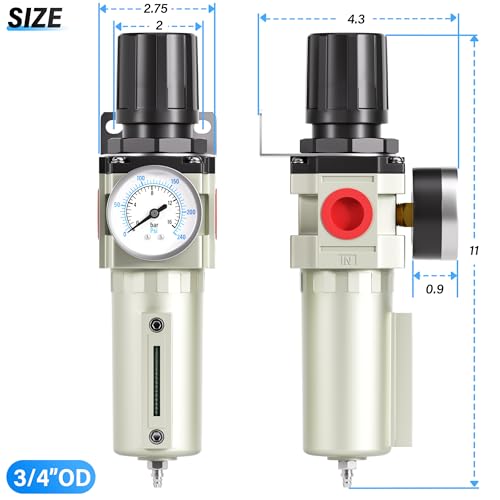 TAILONZ PNEUMATIC 0-240PSI 3/4 Inch NPT Industrial Heavy Duty Particulate Filter and Regulator, Particulate Filter, Coalescing Filter (Manual Drainage) 3/4" NPT Manual Drainage