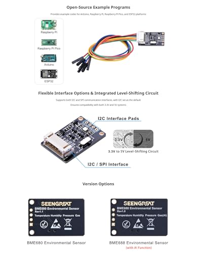BME680 Environmental Sensor, Supports Temperature, Humidity, Pressure, Gas Detection, I2C & SPI, Ideal for Raspberry Pi, Pico, Arduino, and ESP32 Projects