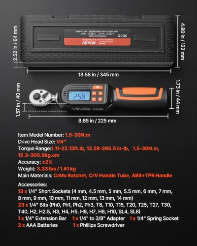 VEVOR Torque Wrench Set 1/4" Drive 42-Piece Digital Torque Wrench 4 Units, ±2% Accuracy, LCD Screen, with Buzzer and LED Indicator, with Sockets, Bits, Extension Bar, Adapter, for Automotive Repair 1/4"