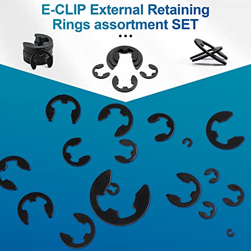 NINDEJIN E-Clip Retaining Rings, 13 Sizes External Snap Ring Clip Kit for Projects–Car Engines, Locking Mechanisms, Gears Pulleys Axles Shafts (290pcs 304 Stainless Steel+395pcs Carbon Steel)