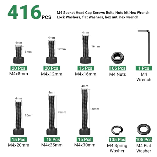 M4 Screw Kit 416PCS, M4 Screws Assortment Kit, Hex Socket Head Cap Bolts M4x 8/12/16/20/25/30mm