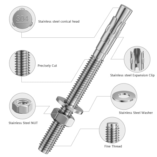 Wensilon 30Pcs 3/8x4 Inch Standard Fasteners for Heavy-Duty 304 Stainless Steel Wedge Anchors for Cement and Concrete 3/8x4" 30