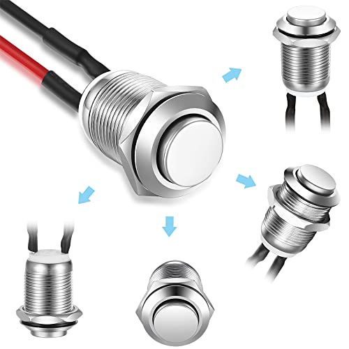 Gebildet 5 x Waterproof Push Button Momentary Stainless Steel Button On Off 12 mm 2A/12V/24V/125V/250V with Wire (Protruding) Silver-E545
