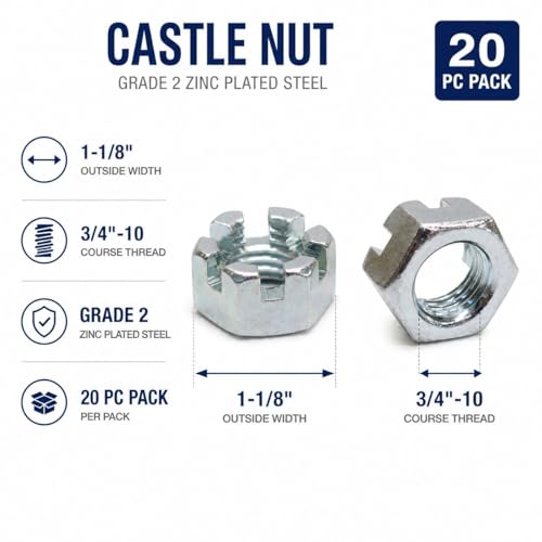 3/4-10 Castle Nut, Zinc Plated Grade 2 Steel, Coarse Thread, Slotted Hex Lock Nut, 20 Pack