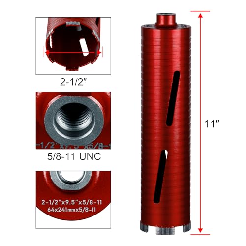 SALI Diamond Core Drill Bits 2 1/2" Diameter 10"/254mm Drilling Depth 5/8-11" Thread Core Bit Turbo Laser-Welded Segments for Cured Concrete with Brick Block Masonry with Two Adapters（Red） 2 1/2"x11"x5/8"-11