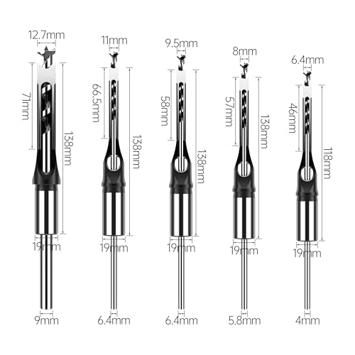 HUHAO 5Pcs Square Hole Drill Bit Set,HSS High Speed Steel Square Hole Saw Mortise Chisel Drill Bit Tools 1/2", 1/4", 3/8", 5/16", 7/16" Fit for Mortising Machines Drill 5pc