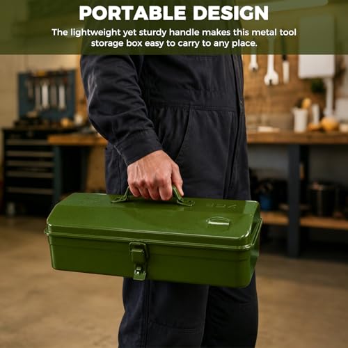 14.6" Metal Tool Box with Lock, Portable Steel Tool Storage Case with Handle, Hardware Organizer for Workshop Garage Car Repair (Green) Green