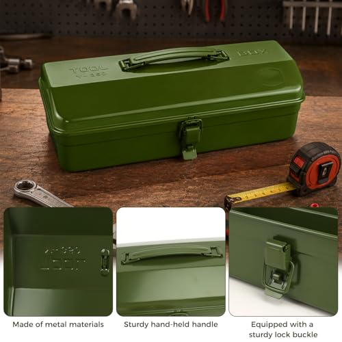 14.6" Metal Tool Box with Lock, Portable Steel Tool Storage Case with Handle, Hardware Organizer for Workshop Garage Car Repair (Green) Green