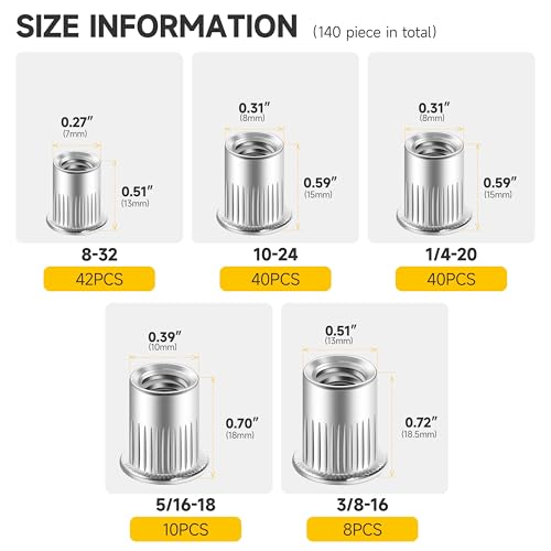 Mywish 120Pcs SAE 6#32 8#32 10#24 10#32 5/16-18 3/8-16 1/2-13 1/4-20 Hex Lock Nuts Sets & 140Pcs Rivet Nut Rivet Nuts Assortment Kit, #8-32#10-24 1/4"-20 5/16"-18 3/8"-16, 304 Stainless Steel