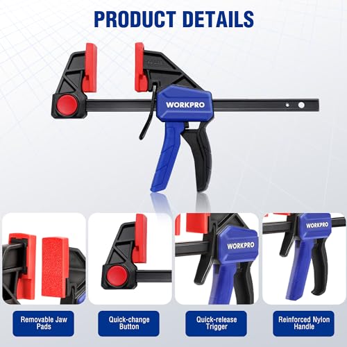 WORKPRO 6" Bar Clamps for Woodworking, 150 lbs Load Limit, 4-Pack Blue 6" Light Duty