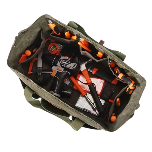 Heavy Duty 18-Inch Tool Bag for men, 12 Pockets, Large Zippered Tool Organizer, Portable Empty Toolbox for Mechanics, Electricians, DIY – Durable Soft Handle, Ideal Father’s Day or Birthday Gift Army Green