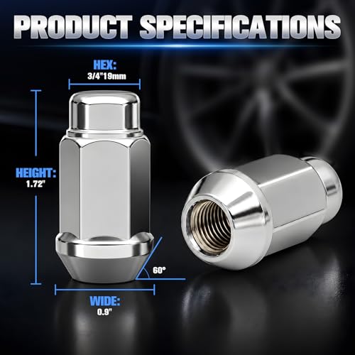HALNAR 20pcs 1/2"-20 Wheel Lug Nuts Set Chrome Closed End 3/4" Hex 1.72" L
