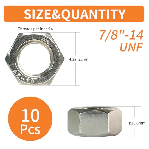 7/8"-14 Hex Nuts (10pcs), 304 Stainless Steel (18-8), Hardware, UNF, Find Thread, SAE, ASME B18.2.2 7/8"-14