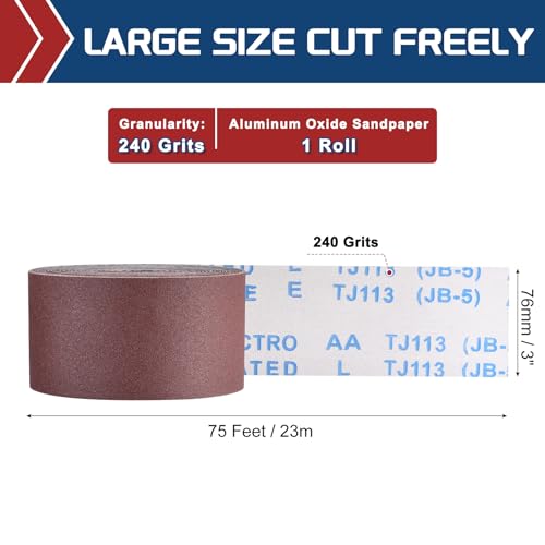 Sandpaper Roll 3Inch 75FT 240Grit Aluminum Oxide Emery Cloth Roll 3 Inch x 75 Feet 240 Grits