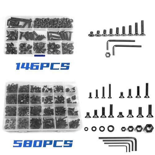 NINDEJIN M2 M3 M4 M5 M6 Flat Head Hex Socket Cap Screws Bolts and Hex Nuts with Washers Assortment Kit, 12.9/10.9 Carbon Steel Metric Screw, Full Thread, Black Oxide, Hex Drive(580PCS and 146PCS)