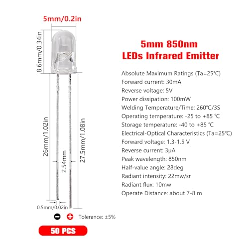 YIXISI 50 pieces 5 mm 850 nm LED infrared emitter, infrared diode LED emission, IR emission diode 5mm – 850nm IR transmitter