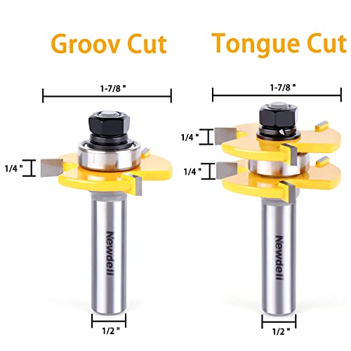 Newdeli 1/2 Inch Shank Tongue and Groove Router Bit Set & Reversible Finger Joint Router Bit - 3pcs Carbide Joinery Wood Milling Cutter for DIY Door Table Cabinet Shelve Furniture