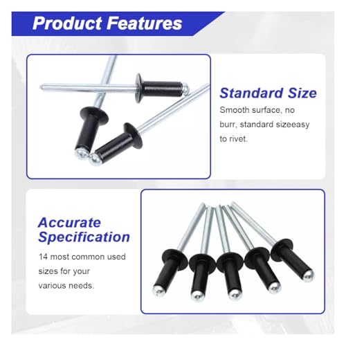 500PCS Pop Rivets Assortment Kit, 14 Sizes Pop Rivet Aluminum Assorted Blind Rivets Including 3/32" 1/8" 5/32" 3/16" 1/4" for Metal Dome Head Rivet Kit (Black) Black