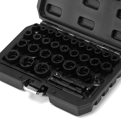 34PCS Impact Bolt Extractor Kit, Bolt & Nut Remover Socket Tool Kit, 6mm to 10mm, 13/32" to 3/4", CR-MO, Stripped Bolt Extractor for Damaged Screws and Bolts