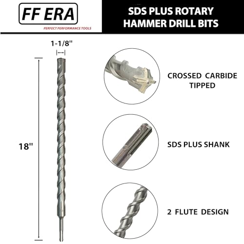 1-1/8 Inch x 18 Inch SDS Plus Rotary Hammer Drill Bit, Carbide Tipped for Brick, Stone, and Concrete (1-1/8" x 18") 1-1/8" x 18"