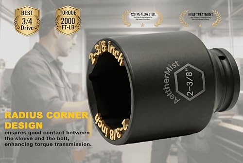 3/4" Drive 2-3/8" Deep Impact Socket Using in Wheel bearing locknuts,CrMo Steel with Heat Treated,Up to 1000 ft-lbs 2-3/8 inch 3/4 inch square-drive