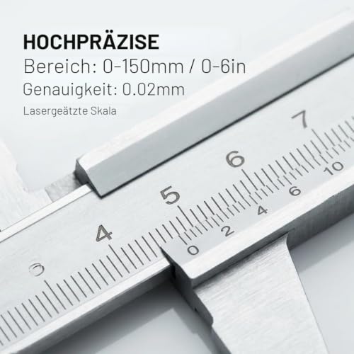 Vernier Calliper 150 mm Stainless Steel High Precision Calliper Analogue | Shockproof Caliper with Case, Metric & Inch Scale, Silver, with Depth Gauge, Industrial & Household, with Depth Gauge