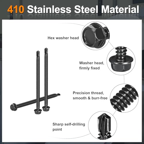 uxcell 100Pcs #14 x 4 Self Drilling Screws, 410 Stainless Steel Self Tapping Screws for Metal, Black Oxidation Finish, Hex Washer Head Sheet Metal Screws #14 x 4" 100