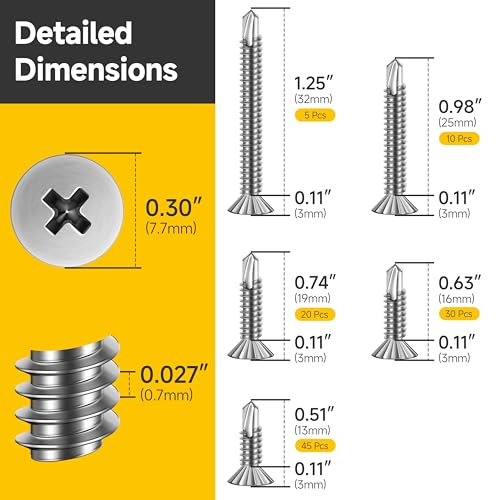 Mywish (150Pcs) #10 x 1-1/2" Self Tapping Screws & 110Pcs #8 Flat Head Sheet Metal Screws Assortment Kit, 410 Stainless Steel Self Tapping Screws Self-Drilling Screw for Metal Aluminum, Windows, Ceili