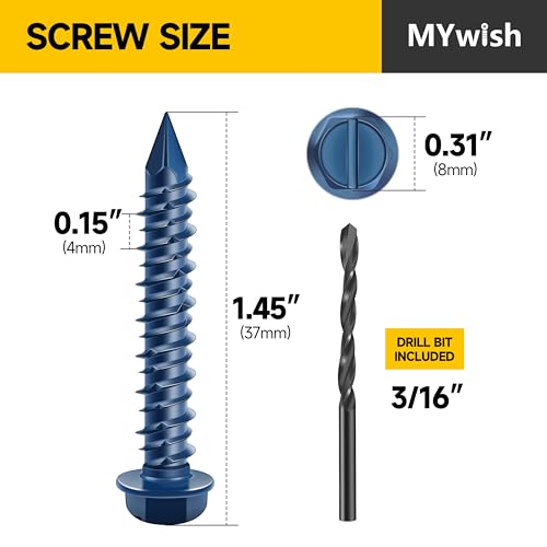 Mywish (20Sets) 1/4" x 1-1/4" Hex Head Lag Bolts & 30Pcs Concrete Screws 1/4 x 1-1/4", Slotted Hex Washer Head Masonry Screws Anchor Kit with 3/16 Drill Bit, Stucco Screws, Self Tapping Screws, Lag