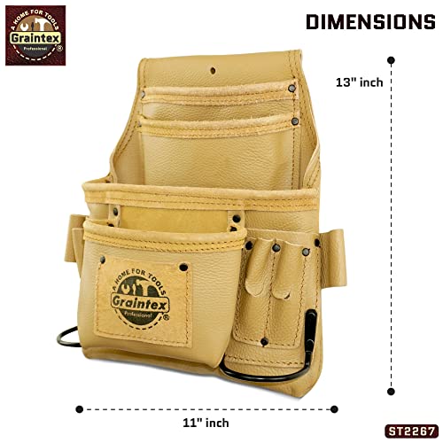 Graintex ST2267 10 Pocket Nail & Tool Pouch Rugged Beige Color Top Grain Leather for Framers, Constructors, Electricians, Plumbers, Hnadyman