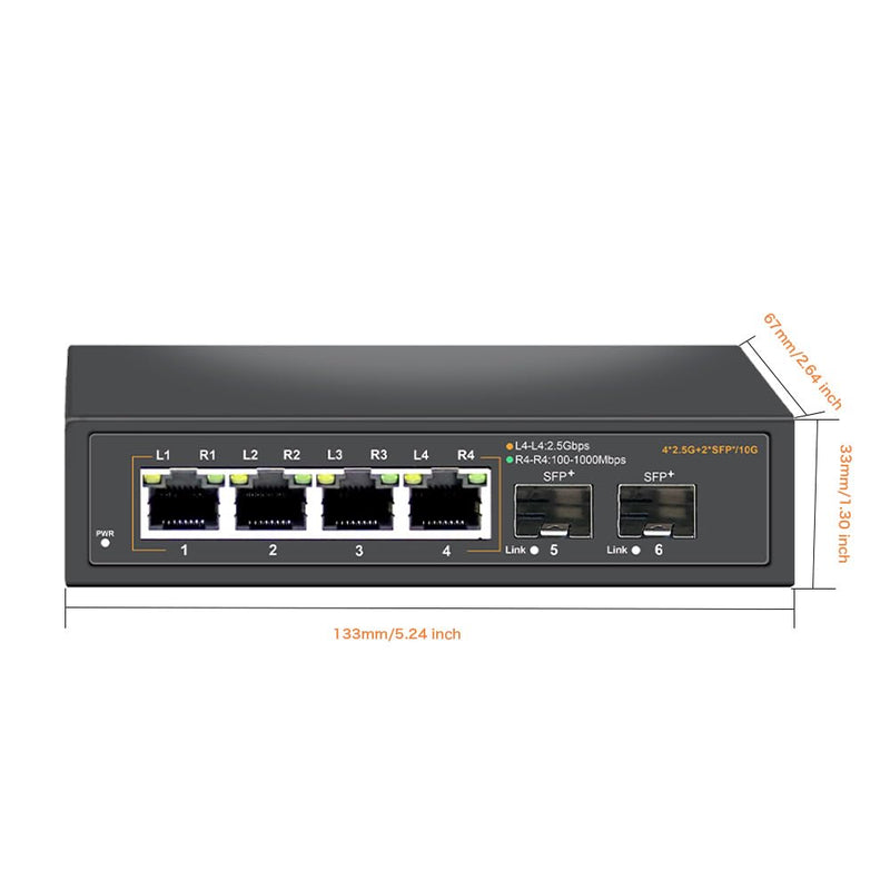 2.5G Unmanaged Ethernet Switch with 4 x 2.5G Base-T Ports and 2 x 10G SFP Uplink Port, Compatible with 100/1000/2500Mbps, Fanlesss Design, Plug & Play, Metal 2.5Gb Network Switch Da-K6402W