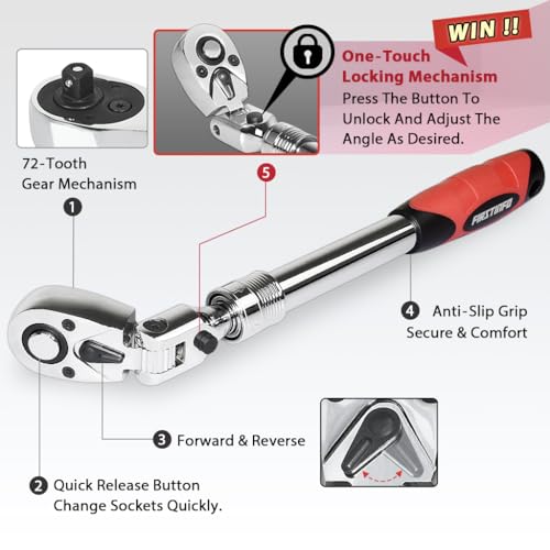 FIRSTINFO 1/2" Drive Extendable Ratchet Wrench, 72-Tooth Flex-Head Locking 1/2-Inch Drive