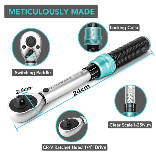 BLUEMARS Bicycle Motorcycle 1/4 Inch Torque Wrench Set 1-25 Nm, Drive Click Torque Wrench Set with Dual Direction Adjustable 72 Tooth for Road and Mountain Bike and Motorcycle Maintenance