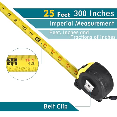 Tape Measure 25 Ft - 5 Pack Bulk Metal Retractable Tape Measure with Fractions, Easy Read, 1-inch Wide X 25 Foot Inches