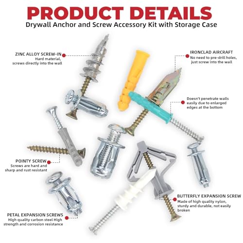 838-Piece Value Combo Set Plastic Drywall Anchor kit with Screws and Petal nut Expansion nut mounts, 11 Sizes Total Plus Screw tweezer Tool Set 11-Sizes Value Drywall Anchors Gray/Copper/White/Orange/Green/Silver（11-Sizes） 838