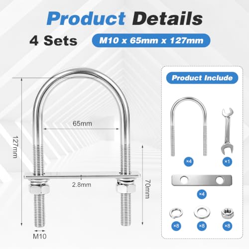 4 Pack U Bolt 2.5 Inch Wide, 304 Stainless Steel U-Bolt Kit M10×65mm×127mm U Bolts Rustproof for Boat, Pipe Mount & Industrial M10x65mmx127mm 4