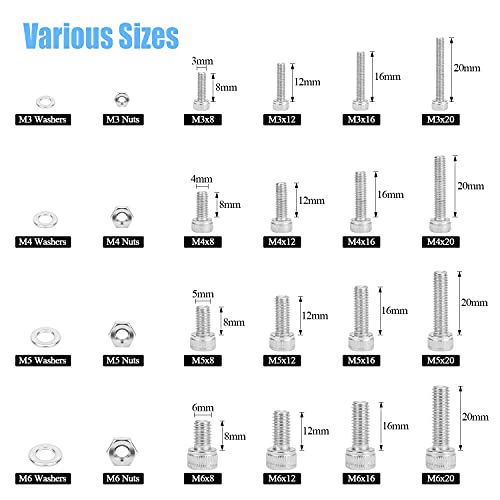 DYWISHKEY 520 PCS M3 M4 M5 M6, 304 Stainless Steel Hex Socket Head Cap Bolts Screws Nuts Washers Assortment Kit with Hex Wrenches Socket Head Screws