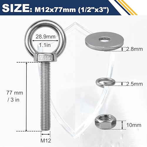 8 Pack M12 Stainless Steel Eye Bolts with Nuts, 1/2" x 3" Eye Bolts M12x77mm (1/2"x3") 8