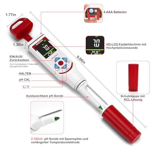 pH Meter for Food Fermentation with pH Calibration Kits, Color Display, Spear Tip, pH Food Tester with ATC for Cosmetics, Sourdough, Professional pH Test Strips