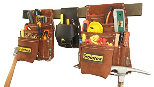 Graintex SS2975 20 Pocket Nail & Tool Pouch Set Brown Color Suede Leather with 2" Leather/Webbing Belt and Professional Measuring Tape Holder for Contractors, Electricians, Plumbers, Handymen