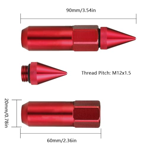 Extended Tuner Aluminum Wheels Rims Lug Nuts, M12X1.5 Extended Tuner Aluminum 90mm/3.54in Wheels Rims Lug Nuts with Spike, Red
