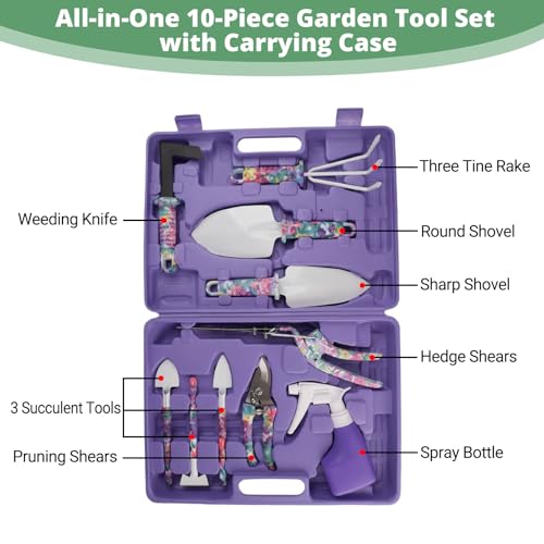 10 Pieces Garden Tools Set with Floral Print - Heavy Duty Gardening Kit with Ergonomic Handles, Hand Trowels, Rake, Pruner, Sprayer & Storage Case - Ideal Gardening Gifts for Women, Mom & Seniors