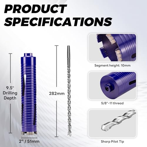 2" Core Drill Bit with Pilot Bit & Adapters(SDS Plus and 1/2" Hex), 5/8"-11 Thread, 9.5" Depth, Upgraded-Welded Segments Diamond Core Bits for Concrete, Masonry, Brick Block 2 in