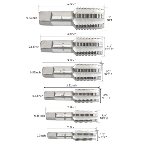 HFS(R) 6-piece NPT pipe tap set Machine Screw Imperial Tap and Die Bit Set，sizes includes 1", 3/4", 1/2", 3/8", 1/4", and 1/8" 6PCS:1", 3/4",1/2",3/8",1/4",1/8"